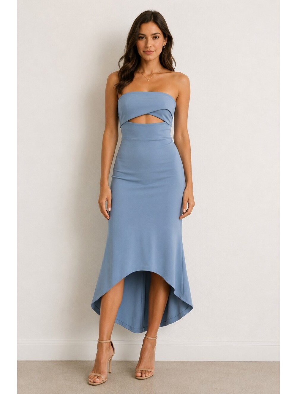NBD Strapless Blue Midi Dress Cutout High Low Hem Bodycon Cocktail Size S